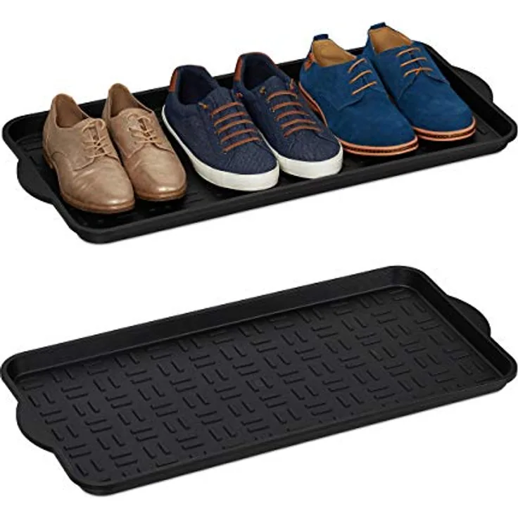 Relaxdays Schuhablage 2er Set, Abtropfschale für 6 - 8 Paare, Kunststoff, schwarz, 75 x 36,5 cm mit erhöhtem Rand