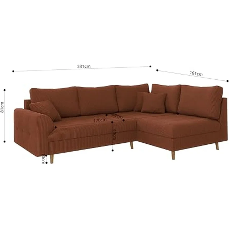 S-Style Möbel Ecksofa Zara mit Braun Holzfüßen im skandinavischen Stil aus Cord-Stoff, Ottomane links oder rechts bestellbar, mit Wellenfederung – Bild 3