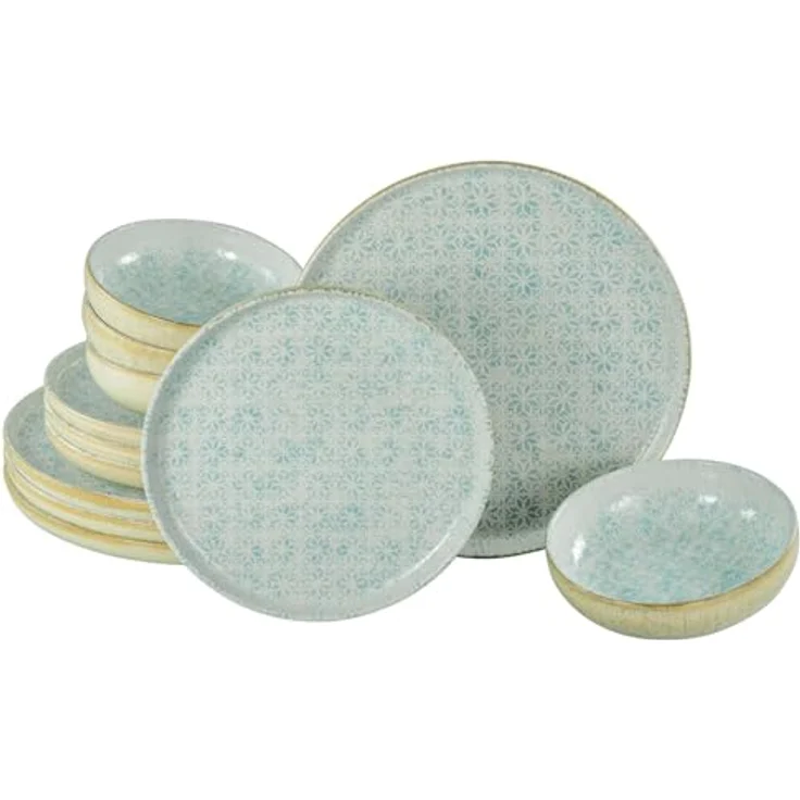 Creatable Tafelservice Uno Emiliana, 12-teiliges Geschirr-Set aus Keramik, creme und hellblau, lebensmittelecht und stapelbar – Bild 1