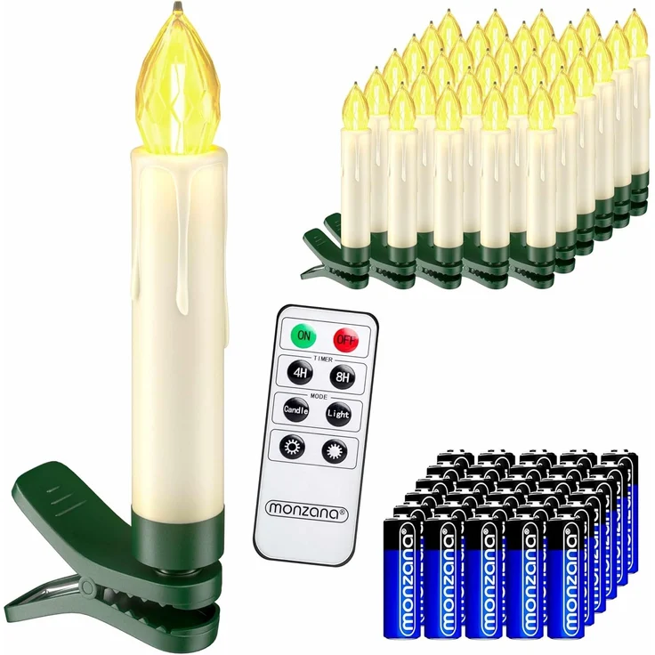 DEUBA Weihnachtsbaumkerzen Kabellos LED mit Batterie Fernbedienung Dimmbar Flackern Timer Christbaumkerzen Weihnachtskerzen