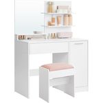 VASAGLE Kailyn Kollektion - Schminktisch mit Hocker, Frisiertisch mit Spiegel, Kosmetiktisch, Schublade und offene Ablagen, Schrank mit 2 verstellbaren Ablagen, weiß
