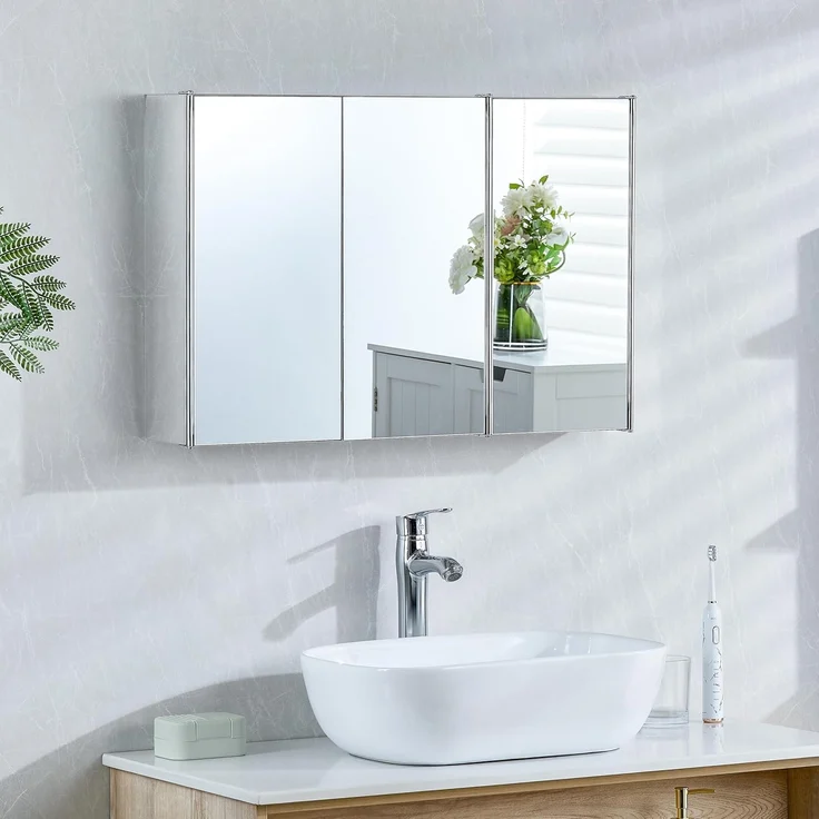 Home Discount Bath Vida Tiano Badezimmerschrank, dreifach verspiegelt, Wandmontage, Edelstahl, moderner Schrank, Glas, Silber, H 45 x W 68 x D 13 cm Approx – Bild 1