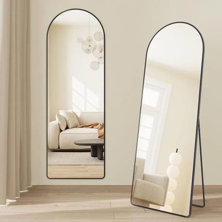 SONGMICS Ganzkörperspiegel, 160x50 cm, gewölbter Standspiegel, Rahmen aus Aluminiumlegierung, Hartglas, abgerundete Ecke, für Schlafzimmer, Wohnzimmer, Garderobe, tintenschwarz LFM051BD01