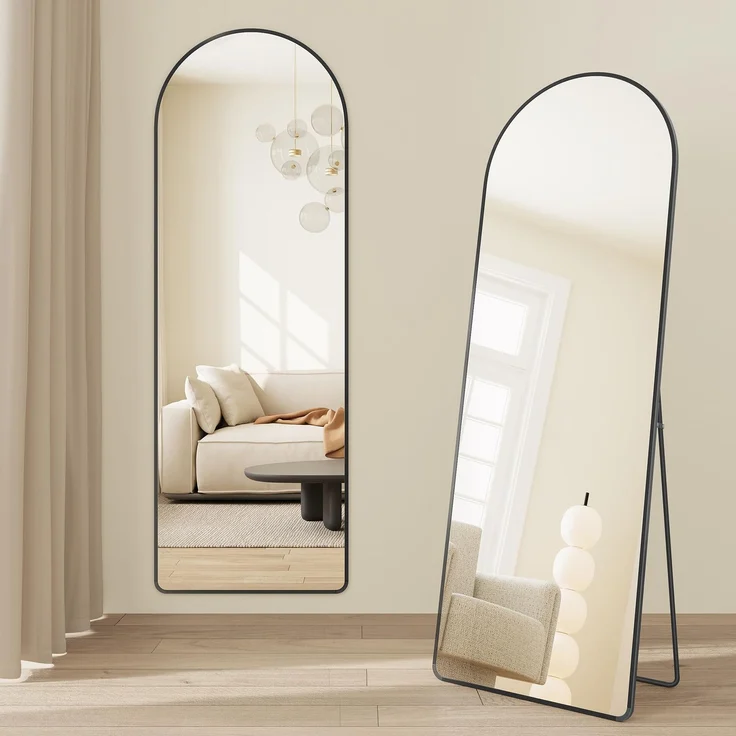 SONGMICS Ganzkörperspiegel, 160x50 cm, gewölbter Standspiegel, Rahmen aus Aluminiumlegierung, Hartglas, abgerundete Ecke, für Schlafzimmer, Wohnzimmer, Garderobe, tintenschwarz LFM051BD01