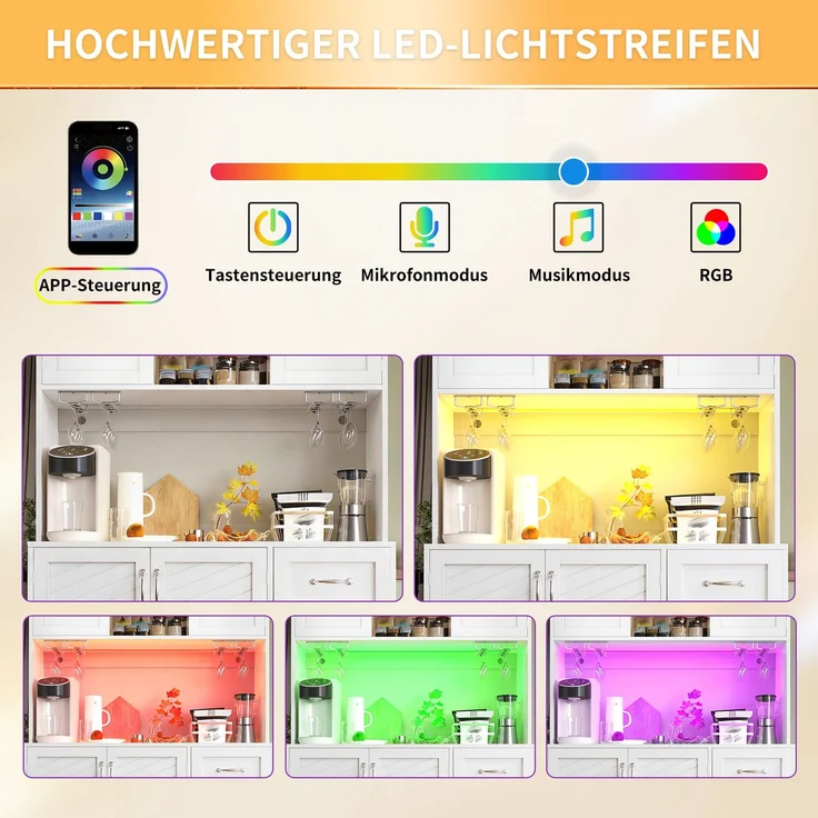 Seitenboard / Aufbewahrungsschrank / Küchenschrank / Buffetschrank, 120 x 40 x 188 cm, mit LED-Beleuchtung, Snackregal & Getränkehaltern, 4 Türen & 2 große Schubladen, Grün/Schwarz/Weiß – Bild 7