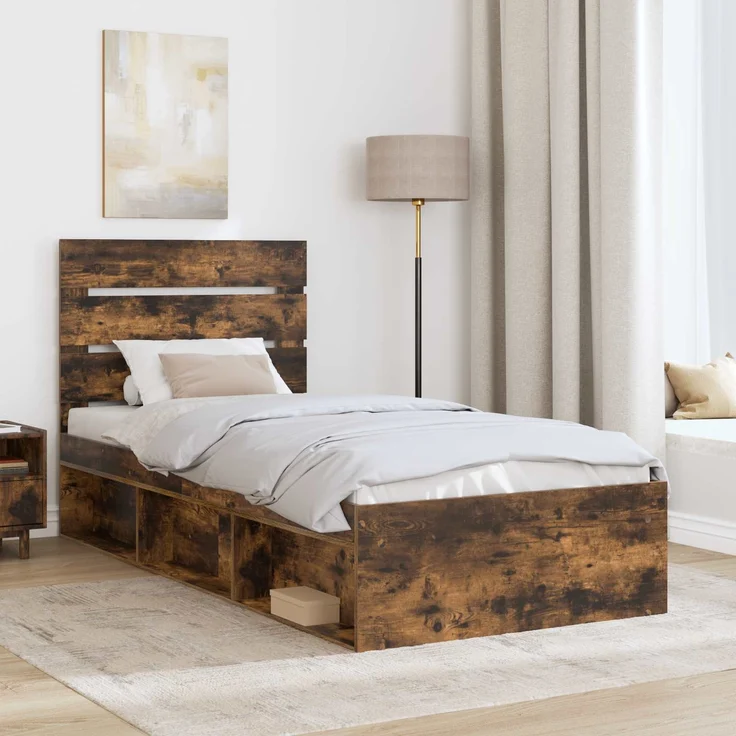 vidaXL Bettrahmen Geräucherte Eiche 90 x 190 cm Massives Kiefernholz 3411796 – Bild 2