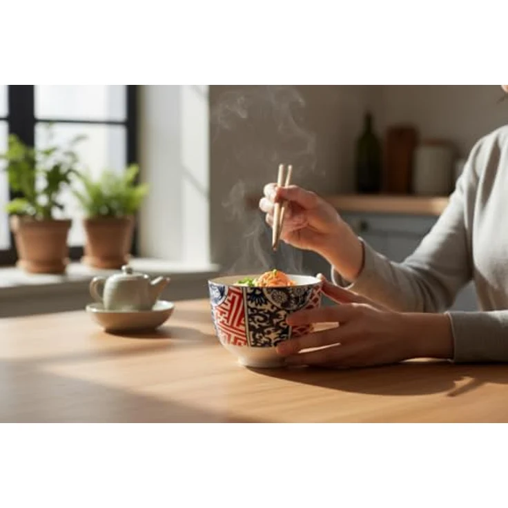 WestCraft Snackschale Soba-Bowls ASIATICA, Porzellan-Schale, Reis mit Stäbchenhalter Ø 13 cm, Porzellan, (3-tlg), Inkl. Essstäbchen - ideal für Soba, Ramen, Udon oder Reisgerichte. – Bild 7