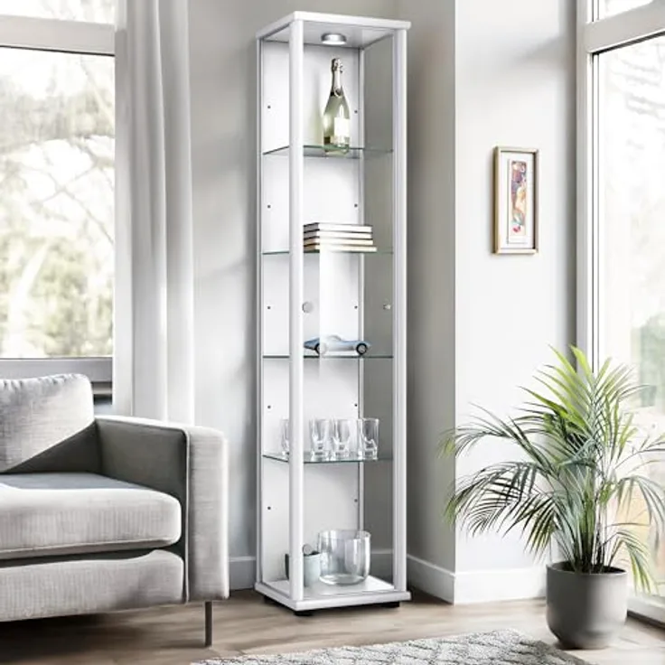 K-Möbel Glasvitrine, Rechteckig, Weiß, Glas, 4 Fächer, 37x176x33 cm, Vitrinenschrank für Wohnzimmer