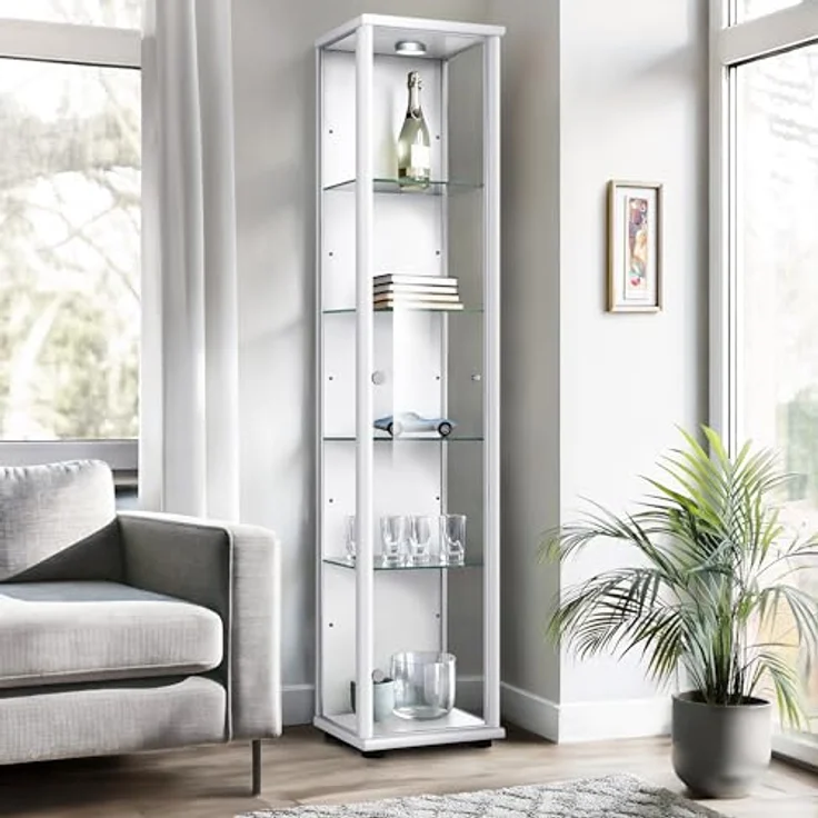 K-Möbel Glasvitrine, Rechteckig, Weiß, Glas, 4 Fächer, 37x176x33 cm, Vitrinenschrank für Wohnzimmer – Bild 1
