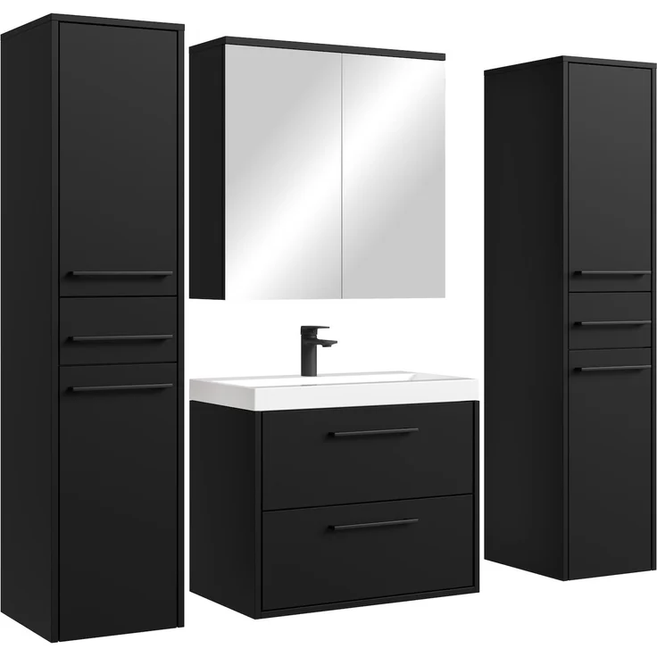 Badplaats Badmöbel Komplettset Florence XL 60 x 35 cm Schwarz Mat - Badezimmermöbel mit Waschbecken, Spiegelschrank und 2 Hochschränke – Bild 1