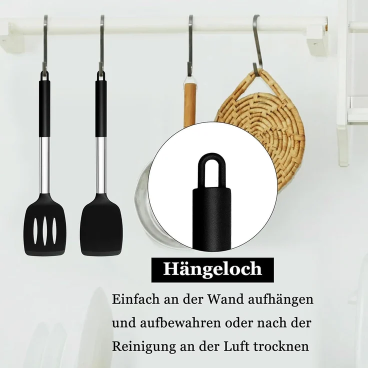 Homikit Silikon Pfannenwender Set Schwarz Edelstahlgriff 2er Kochbesteck – Bild 5
