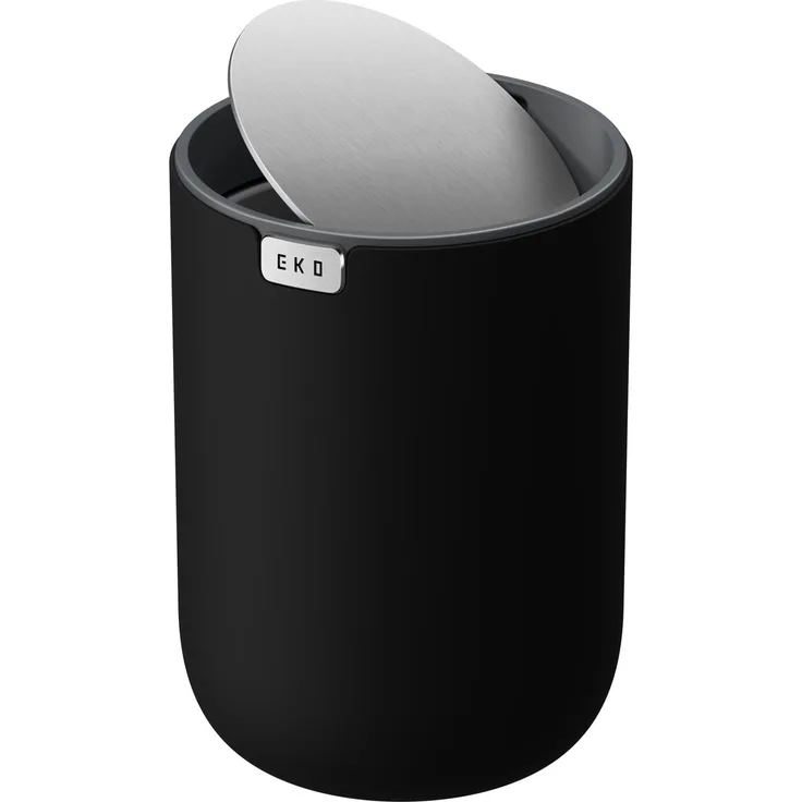 EKO Mini Tischmülleimer mit Deckel, 1,5 L Kosmetikeimer Schwarz, Kleiner Tischabfalleimer für Bad, Schreibtisch, Schlafzimmer und Wohnmobil, Mülleimer mit Edelstahl-Sockel, Small Table Bin, Papierkorb