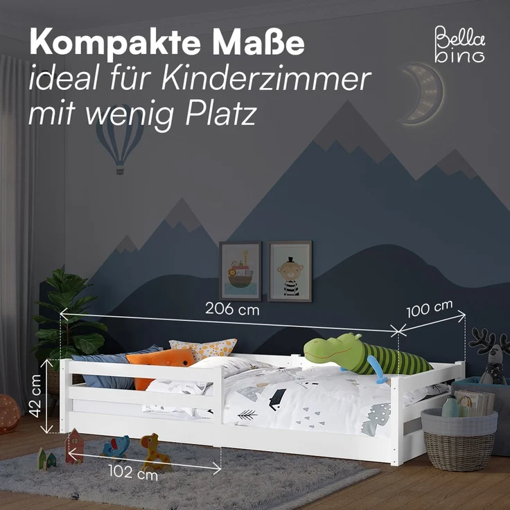 Bellabino 'Iskri' Bodenbett 90x200 cm mit Matratze, weiß, Massivholz Kiefer, Montessori Kinderbett mit Rausfallschutz und Lattenrost – Bild 9