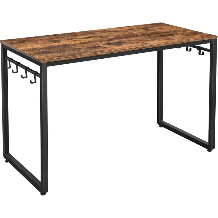 Vasagle Schreibtisch, Computertisch, Bürotisch mit 8 Haken, 120 x 60 x 75 cm, Arbeitszimmer, Homeoffice, Büro, einfacher Aufbau, Metall, Industrie-Design, vintagebraun-schwarz LWD58X
