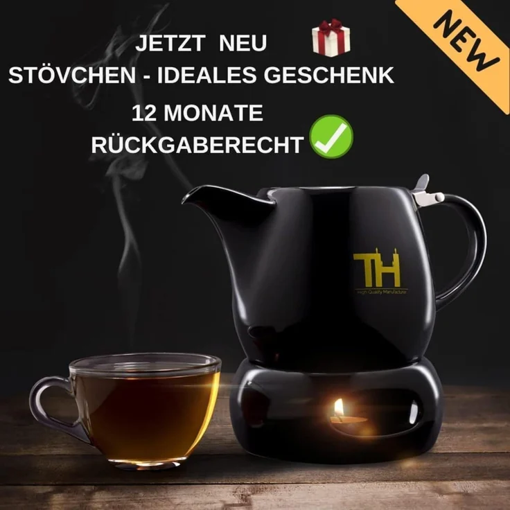 Thiru Teekanne mit Stövchen Porzellan, inkl. Edelstahl Siebeinsatz, 1.2 l, (Hitzebeständiges Porzellan aus Handarbeit), Innovative Mundform für leichtes Ausschenken – Bild 6