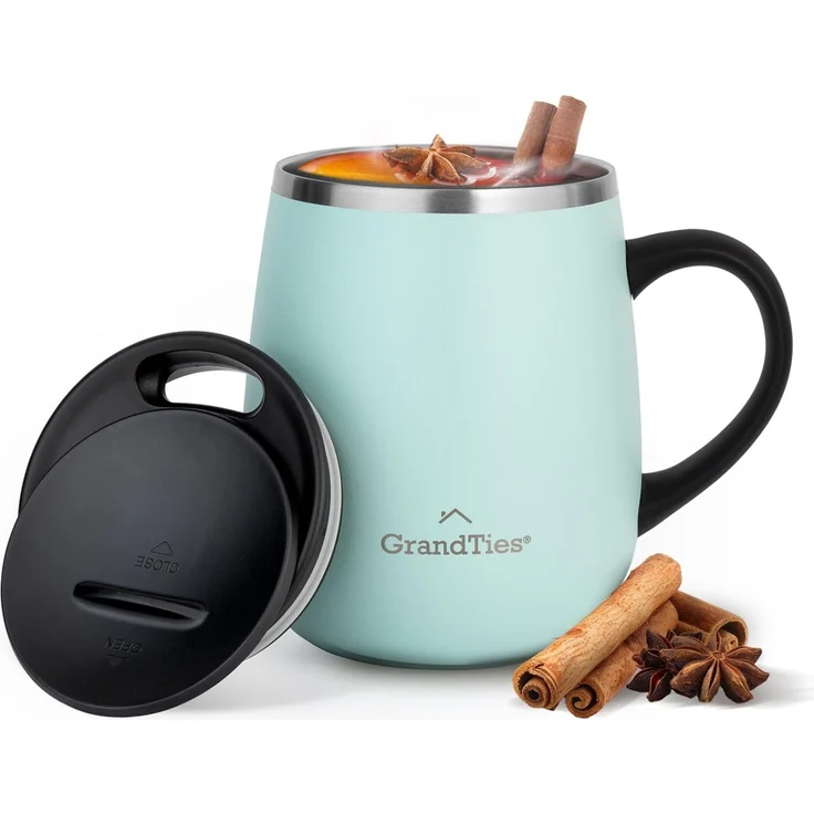 Grandties Insulated Coffee Mug with Handle, Sliding Lid for Splash-Proof 16 oz Wine Glass Shape Thermal Tumbler with Double Walled Vacuum Stainless Steel to Keep Beverages Hot or Cold- Powder Green