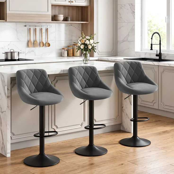 WOLTU Barhocker 3er Set, Barstuhl Höhenverstellbar, Samtsitz, Dunkelgrau | Drehbarer Bar Stool mit Rückenlehne und Fußstütze, rutschfeste Metallfüße, für Küche und Hausbar