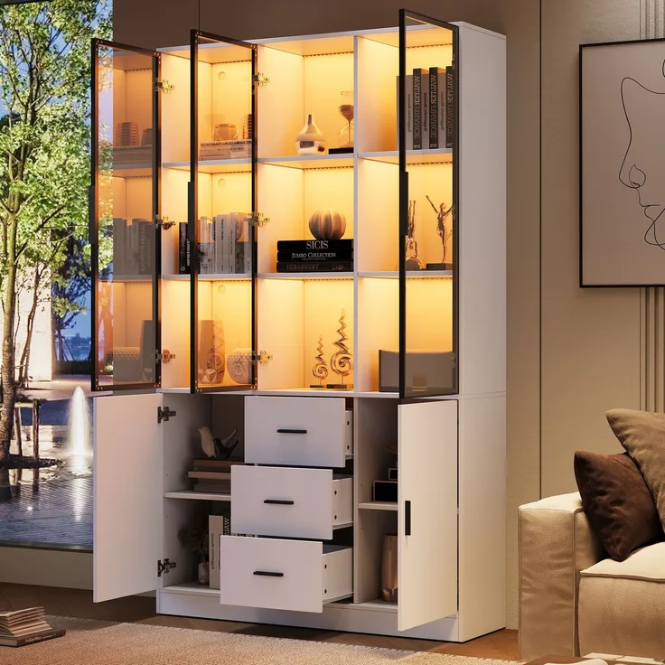 ZUBALIYA Vitrine mit Glasschrank Tür und LED-Licht, Vitrinenschrank Glasvitrine mit MultiStorage Bücherregal, Highboard Sammlervitrine mit Griff, 3 Schubladen & Türen, Wohnzimmerschrank, Weiß