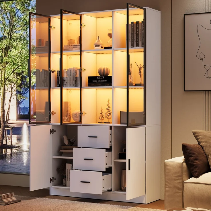 ZUBALIYA Vitrine mit Glasschrank Tür und LED-Licht, Vitrinenschrank Glasvitrine mit MultiStorage Bücherregal, Highboard Sammlervitrine mit Griff, 3 Schubladen & Türen, Wohnzimmerschrank, Weiß – Bild 1