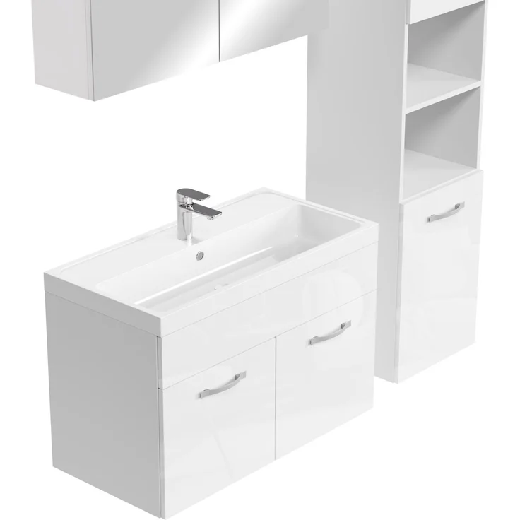Badplaats Badmöbel Komplettset Paso XL LED 80 x 40 cm Weiß Hochglanz - Badezimmermöbel mit Waschbecken, Spiegelschrank und 2 Badezimmerschränke – Bild 3
