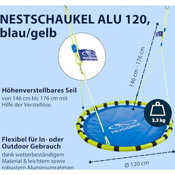 HUDORA Nestschaukel Aluminium, Belastbarkeit bis 120 kg, 120 cm, blau/gelb – Bild 3