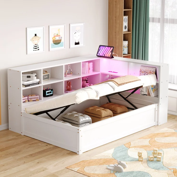 Bett 90x200 cm mit Stauraum und LED-Lichtleiste – multifunktionales Schlafsofa aus Kiefernholz in Weiß – Bild 2