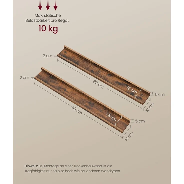 VASAGLE Wandregale, 2er Set, Schweberegale, Breite 80 cm, erhöhte Vorderkante, für Bilderrahmen, Dekoartikel, Gewürzgläser, für Küche, Wohnzimmer, vintagebraun – Bild 3