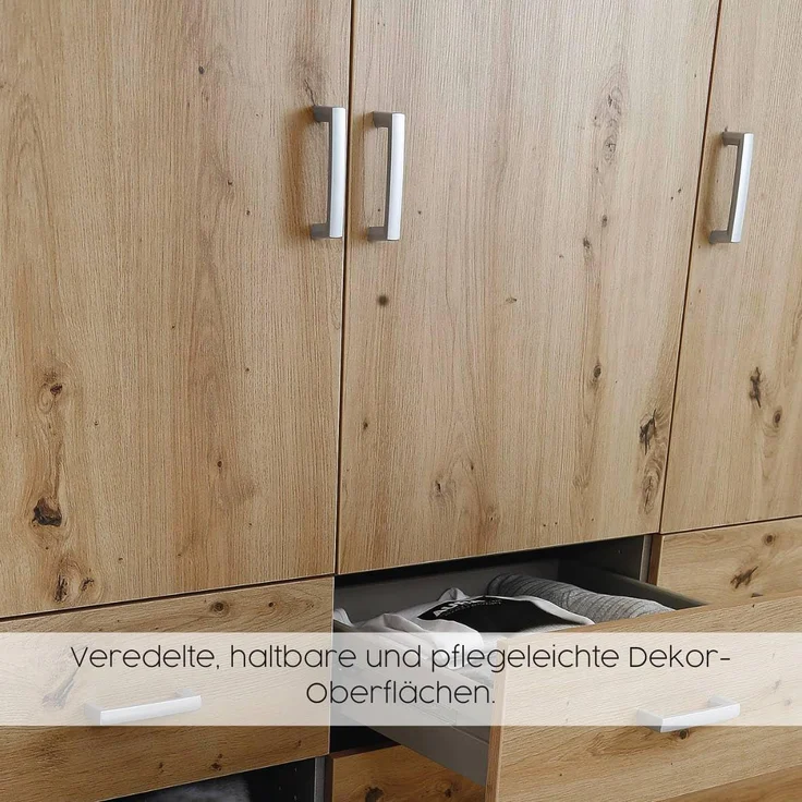 Rauch Möbel Voyager Schrank Kleiderschrank Drehtürenschrank, Eiche Artisan, 4-türig, inkl. 1 Kleiderstange, 7 Einlegeböden BxHxT 187x194x53 cm – Bild 11