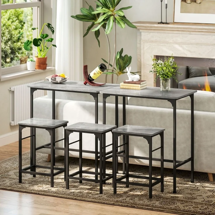 Bartisch Set mit 2 Barhockern, Stehtisch im Industrie Stil, Frühstückstisch mit Metallrahmen für Küche & Hausbar,Grau – Bild 3