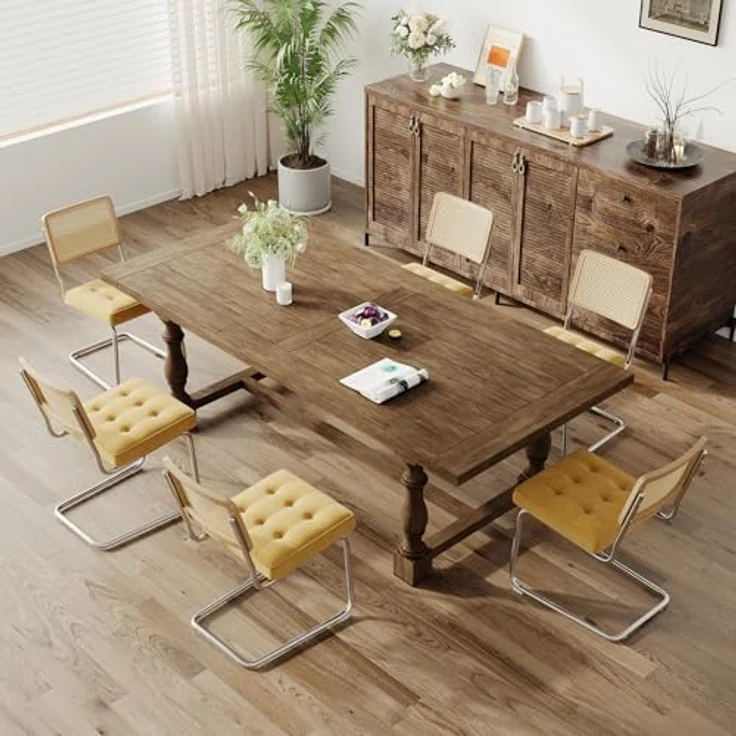 COLAMY Rattan Esstischstühle 6er Set, Samtbezug mit Metallgestell, Gelb – Bild 2