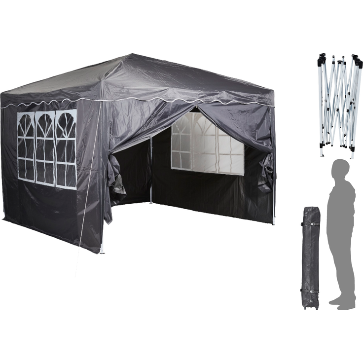Faltpavillon 3×3 m Anthrazit 200 g/m² mit 4 Seitenwänden & Fenster