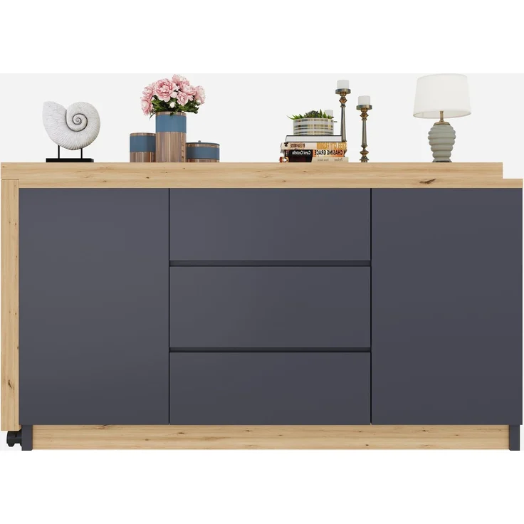 Flieks 360° Schreibtisch mit Sideboard, 120×50×76.5cm, Eckschreibtisch auf Rollen, Computertisch mit 3 Schubladen & 2 Türen, Grau/Eiche – Bild 10