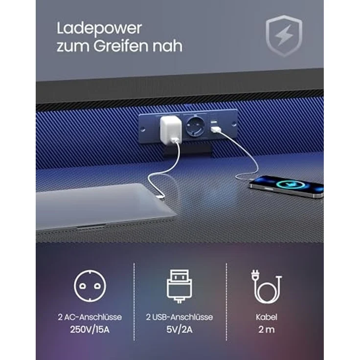 Vasagle Schreibtisch, Gaming Tisch mit eingebauter Steckdosenleiste, Computertisch, mit Monitorständer für 2 Monitore, Schlafzimmer, 60 x 100 x 76 cm, rußschwarz LWDDE191B02 – Bild 6
