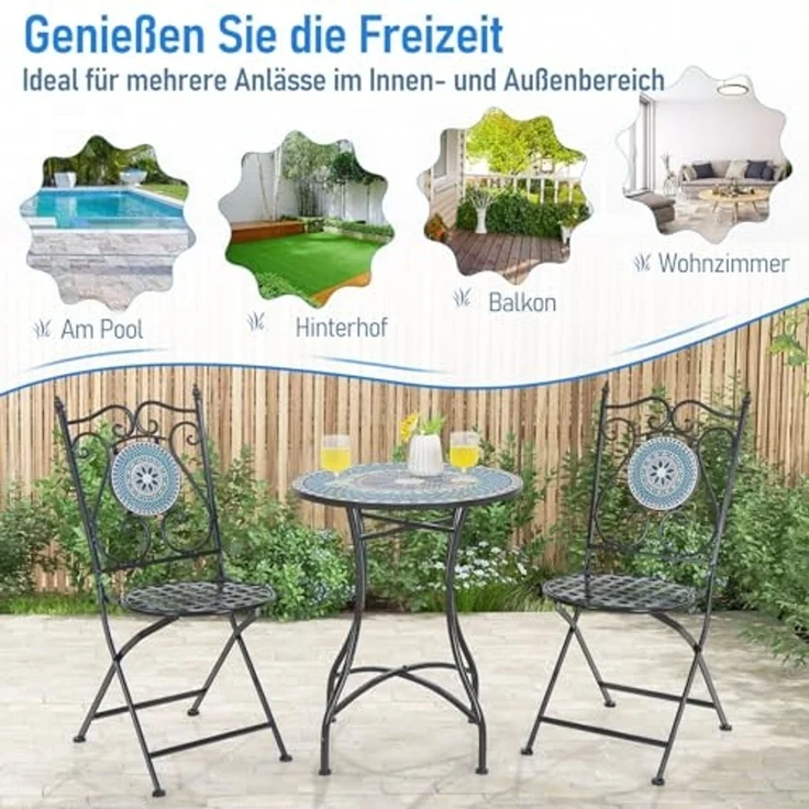 FANTASK Runder Bistrotisch, Beistelltisch mit Mosaikplatte, Sitzgarnitur bis 50kg, Balkonmöbel, Gartenmöbel, für Terrasse, Garten & Balkon (Blau) – Bild 3