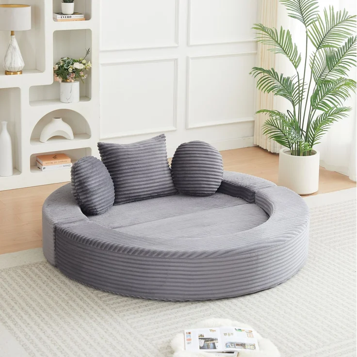 Schlafsofa aus Cord, 4-in-1 wandelbar zum runden Tagesbett, 180x183x55 cm, Grau – Bild 1