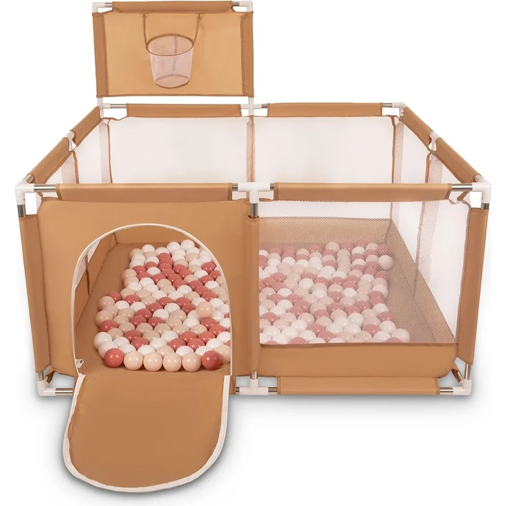 Selonis Laufstall Mit Korb Und 400 Bälle Laufgitter Für Kinder, Beige:Pastellbeige/Lachsfarben/Weiß – Bild 1