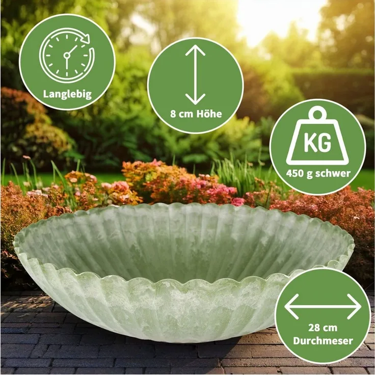 matches21 HOME & HOBBY Blumentopf Runde Pflanz-Schale gewellt für draussen grün marmoriert 28 cm (1 St), Wetterfeste Blumen-Schale als moderne Outdoor Gartendeko Grabschmuck