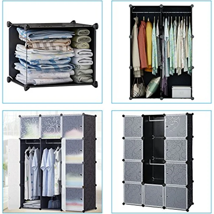 Mondeer Schrank Würfel 184 x 37 x 147 cm, Tragbar, Modular, mit Stange zum Selbermachen, Kleiderschrank, Kombiniert, Platzsparend, Kunststoff, Organizer, Würfel, Garderobenständer, 12 Würfel, Schwarz – Bild 5