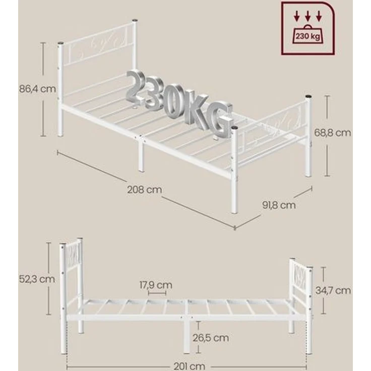 VASAGLE Bett 90 x 200 cm, Gästebett, Einzelbett aus Metall, Bettgestell, Bettrahmen, Metallbett, einfache Montage, Mattweiß – Bild 5