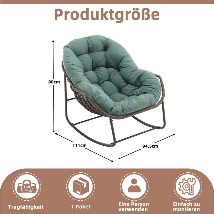 LVHOM Schaukelstuhl mit gepolstertem Kissen, Rattanstuhl mit Stahlrahmen, Lounge Sessel (Großformat B110.5cm x T94.5cm x H80cm,Dicke Kissen,160kg Tragfähigkeit, MEHRE FARBEN MEHRE OPTIONEN! Schaukelsessel umhüllendem Sitzgefühl & hoher Armlehne, 1 St),... – Bild 2
