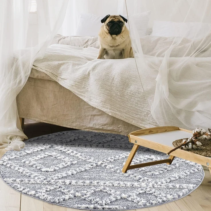 Teppich Rund - Hochflor - Boho - Pastellgrau Creme - 200x200cm - Modern Raute Muster - Skandinavisch Flauschig Weich - Wohnteppich Schlafzimmer Dekoration – Bild 6