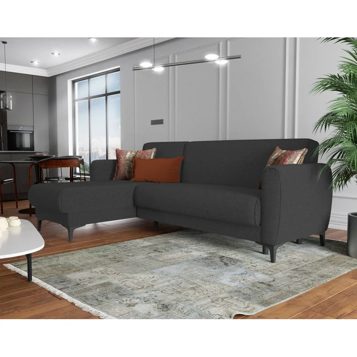 Dmora Schlafsofa mit Halbinsel Aber, Wende-Ecksofa, Modernes Sofa mit Stauraum, Chaiselongue und 3 Kissen, 230 x 153 x 85 cm, Anthrazit – Bild 2