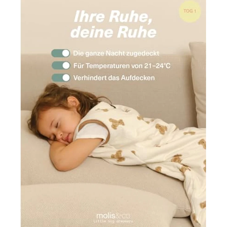 molis&co - Baby Schlafsack mit Füßen - Ideal für Frühling und Herbst - Babyschlafsack mit Füßen 1 tog - Leicht gepolstert - 100% Baumwolle (Oeko-TEX 100), Premium Qualität - Teddy (120 cm) – Bild 6