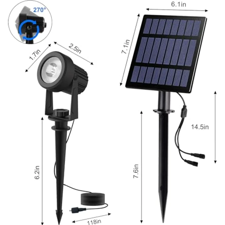 T-SUN Solar Gartenleuchte, 2 Stück Solarstrahler LED, IP65 wasserdicht, 2 Helligkeitsstufen, 3 Meter Kabel, Auto-on/off, 3000K Warmweiß – Bild 5