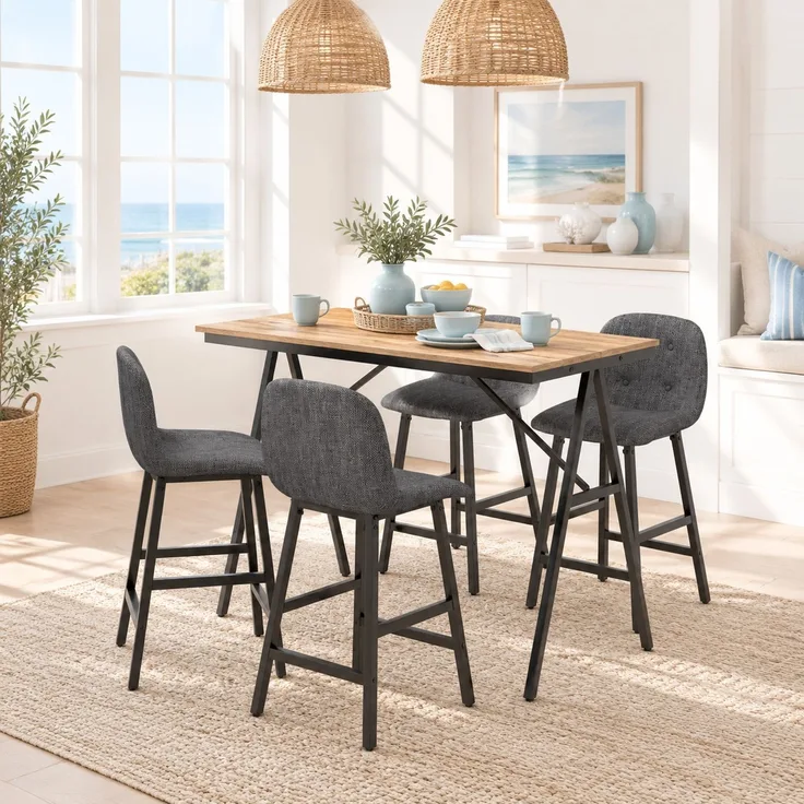 Esstisch-Set 120x60x91 cm in Dunkelgrau, 5-teilig mit gepolsterten Barhockern