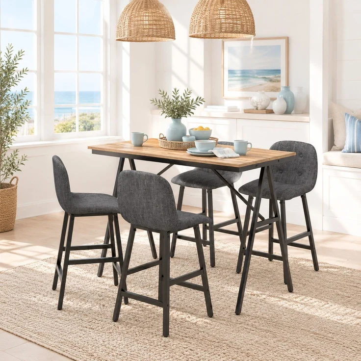 Esstisch-Set 120x60x91 cm in Dunkelgrau, 5-teilig mit gepolsterten Barhockern – Bild 1