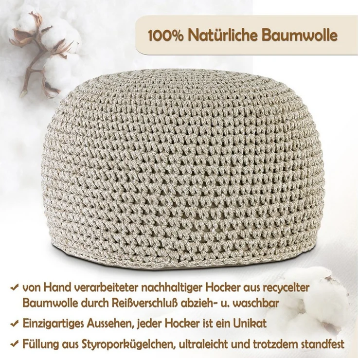 Amagohome Sitzhocker Bodenkissen Pouf Ø55 H37 Mohar Sitzhocker Sitzpouf waschbar nachfüllba, Bezug abnehmbar u. bei 30° Feinwäsche waschbar! – Bild 3