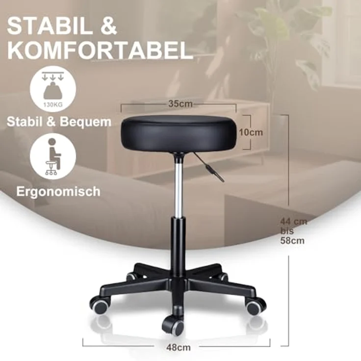 Zedelmaier Rollhocker höhenverstellbar, Bürohocker mit Gummirollen, 360° drehbar Hocker mit Rollen & 10 cm Polsterung, Sitzhocker Werkstatt, Drehhocker ergonomisch, Sitzhöhe 44–58 cm, Weinrot – Bild 3