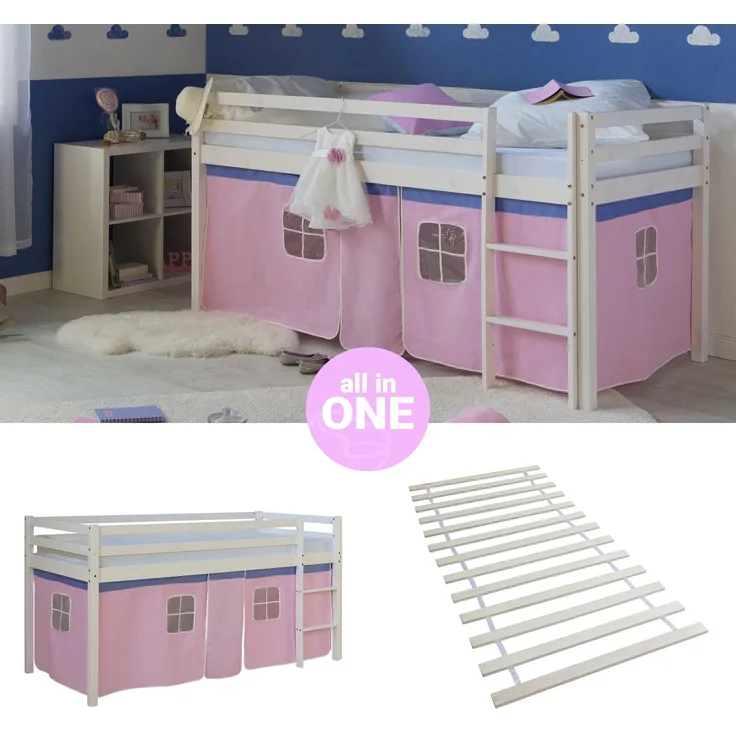 Hochbett mit Lattenrost 90x200 cm Kinderbett Leiter Holz Kiefer Vorhang Rosa Jugendbett