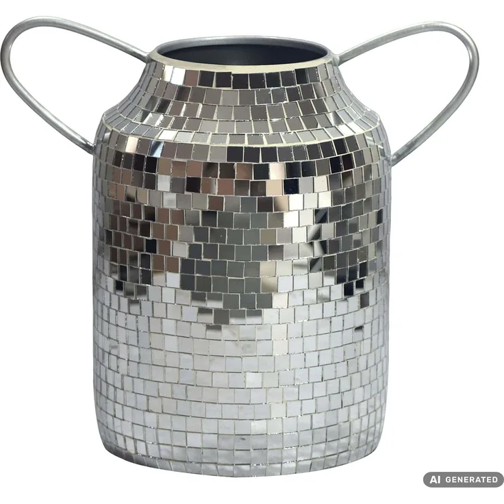 Tischvase Aluminium 32cm Silber - Blumenvase mit Henkel - Metallvase im Discokugel Design Modern - Dekovase rund für Trockenblumen - Alu Standvase Vase Hoch - Wohndeko Handmade
